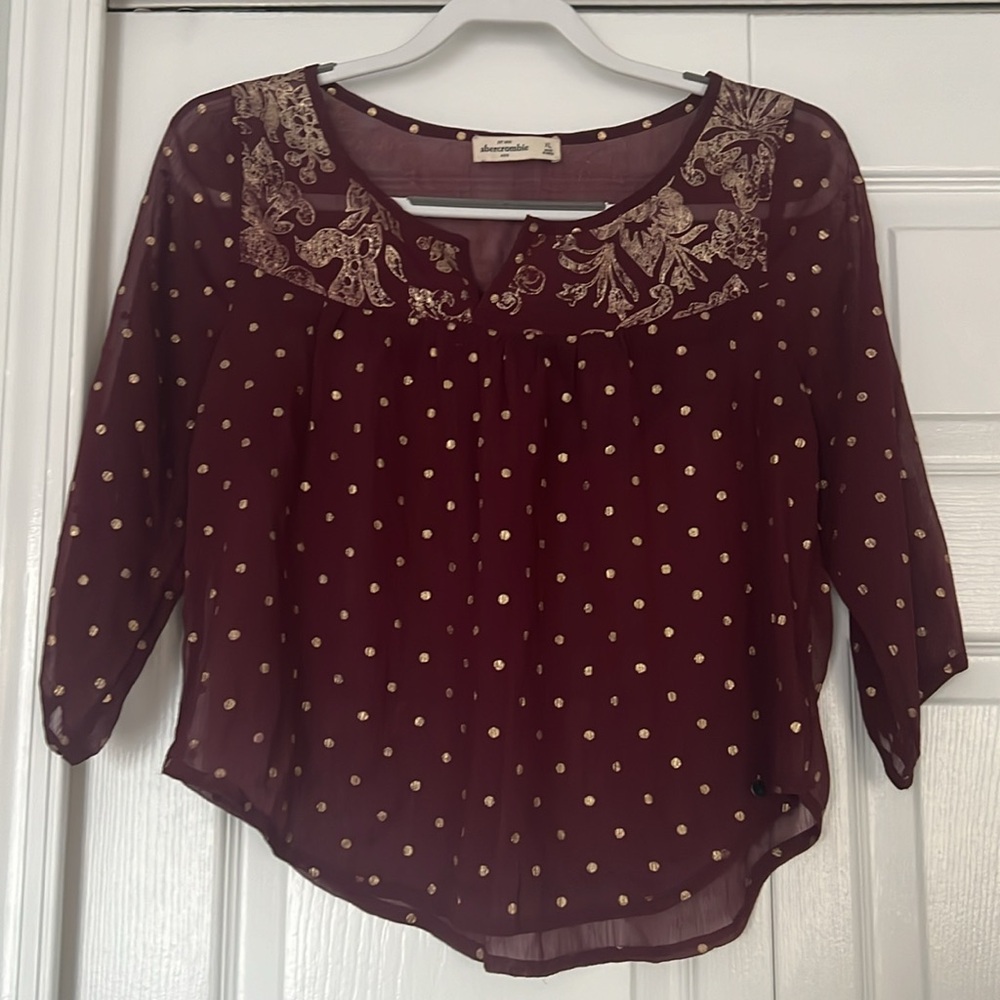 Abercrombie Kids Burgundy Gold Polka Dot Floral Blouse Girls XL Flowy